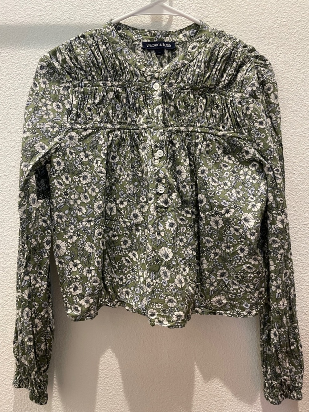 Veronica Beard Olive Green Floral Smocked Button-Front Blouse XS